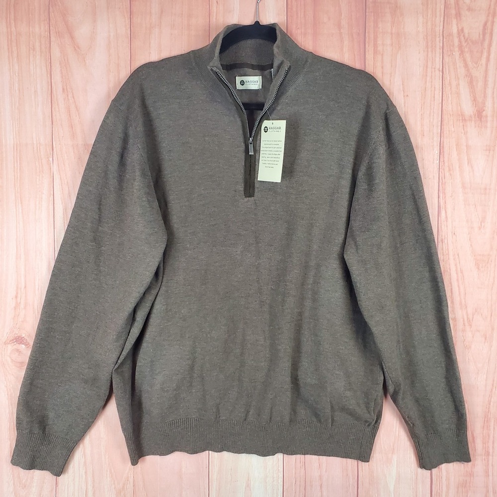 Haggar Sweater Mens XL Brown Tight Knit Ribbed Mock Neck Quarter Zip Performance